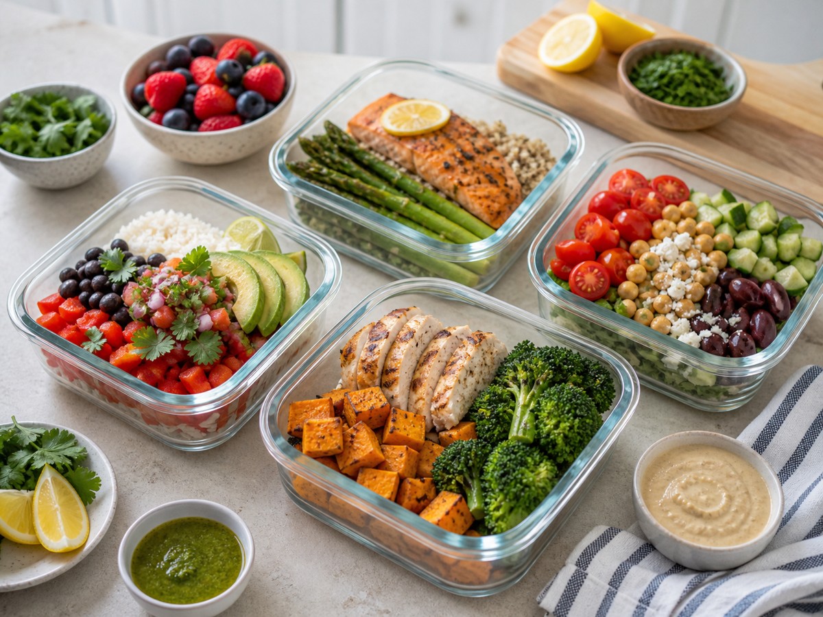 Colourful healthy meal-prep containers with fruit, herbs, lemon, and sauces on a bright kitchen counter.
