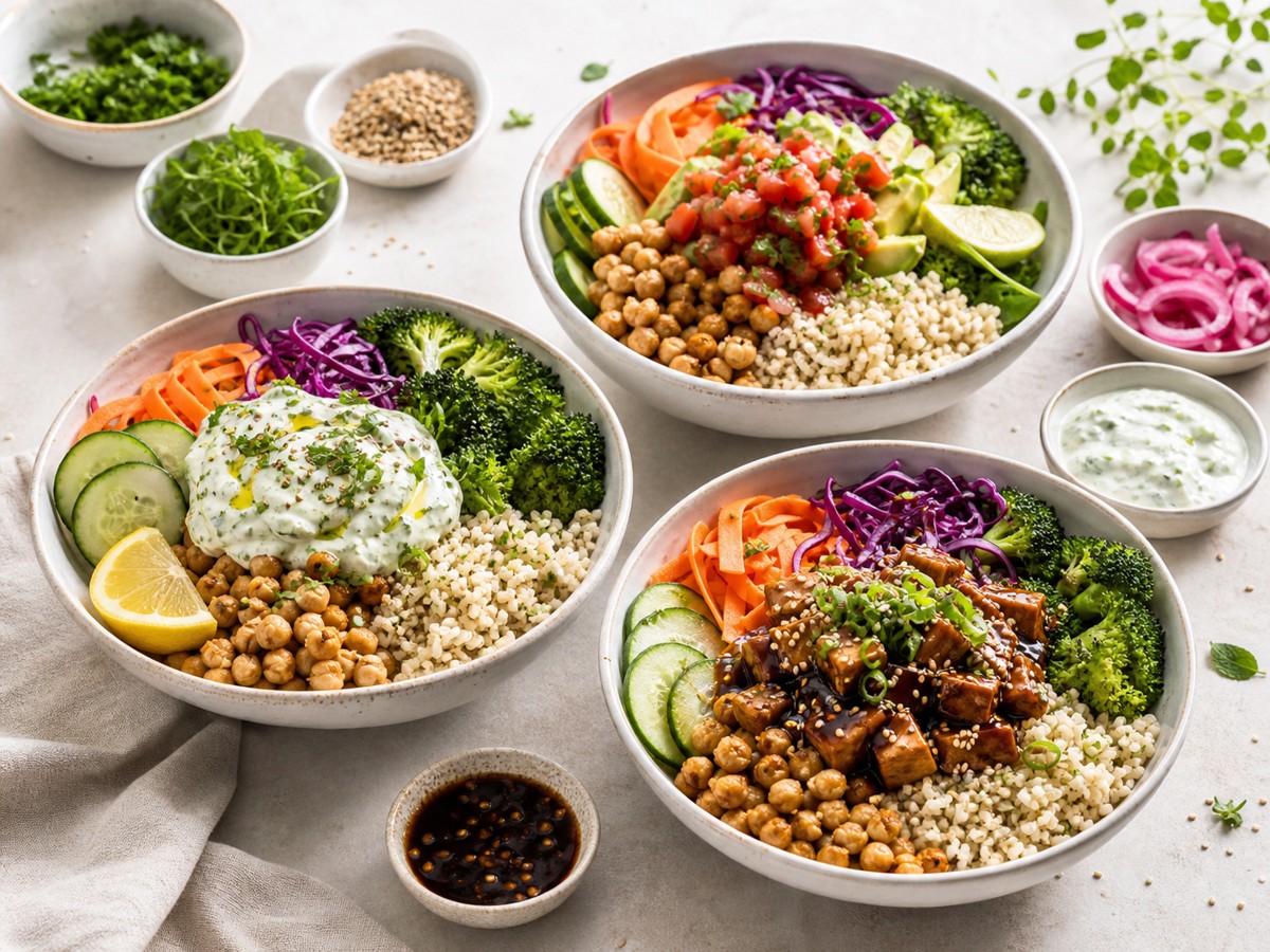 Three colourful healthy grain bowls with different sauces, herbs, pickles, vegetables, and toppings.