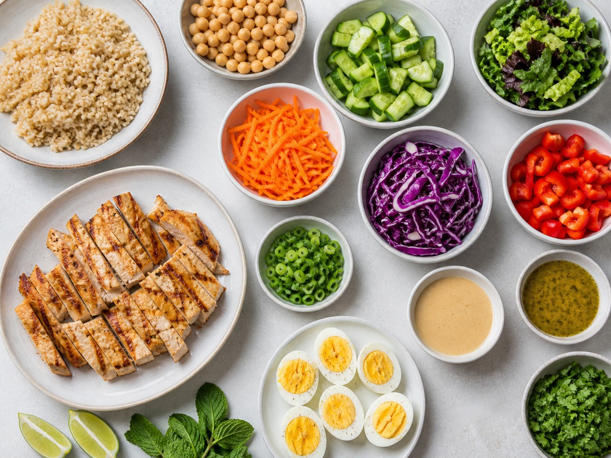 Prepared grains, chopped vegetables, boiled eggs, sliced protein, herbs, and sauces arranged in bowls.