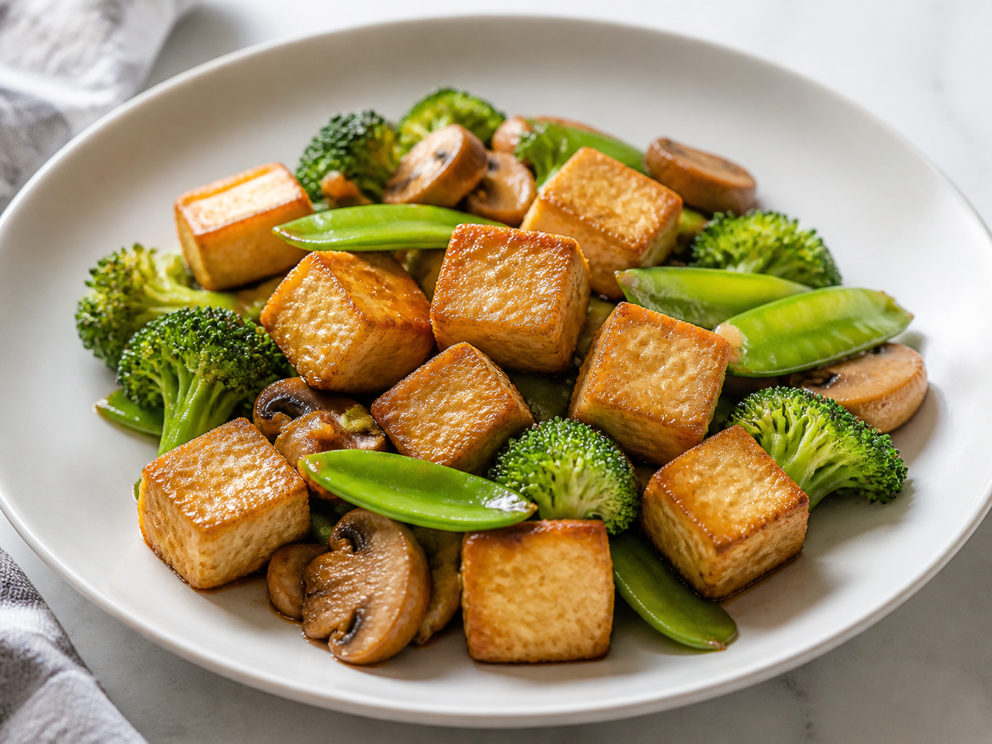 Golden crispy tofu with broccoli, mushrooms, and snap peas