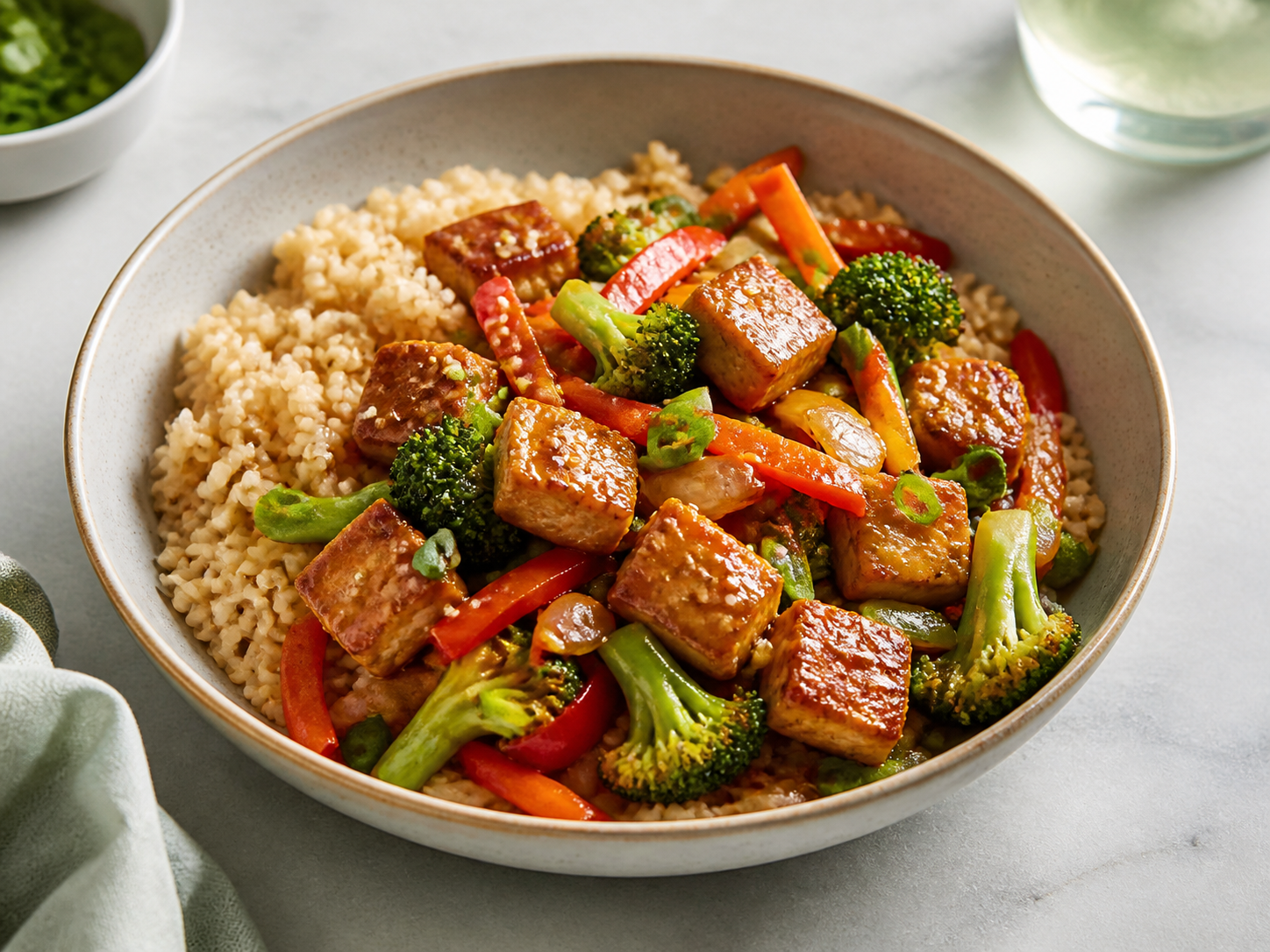 Finished tofu and vegetable stir-fry bowl with rice
