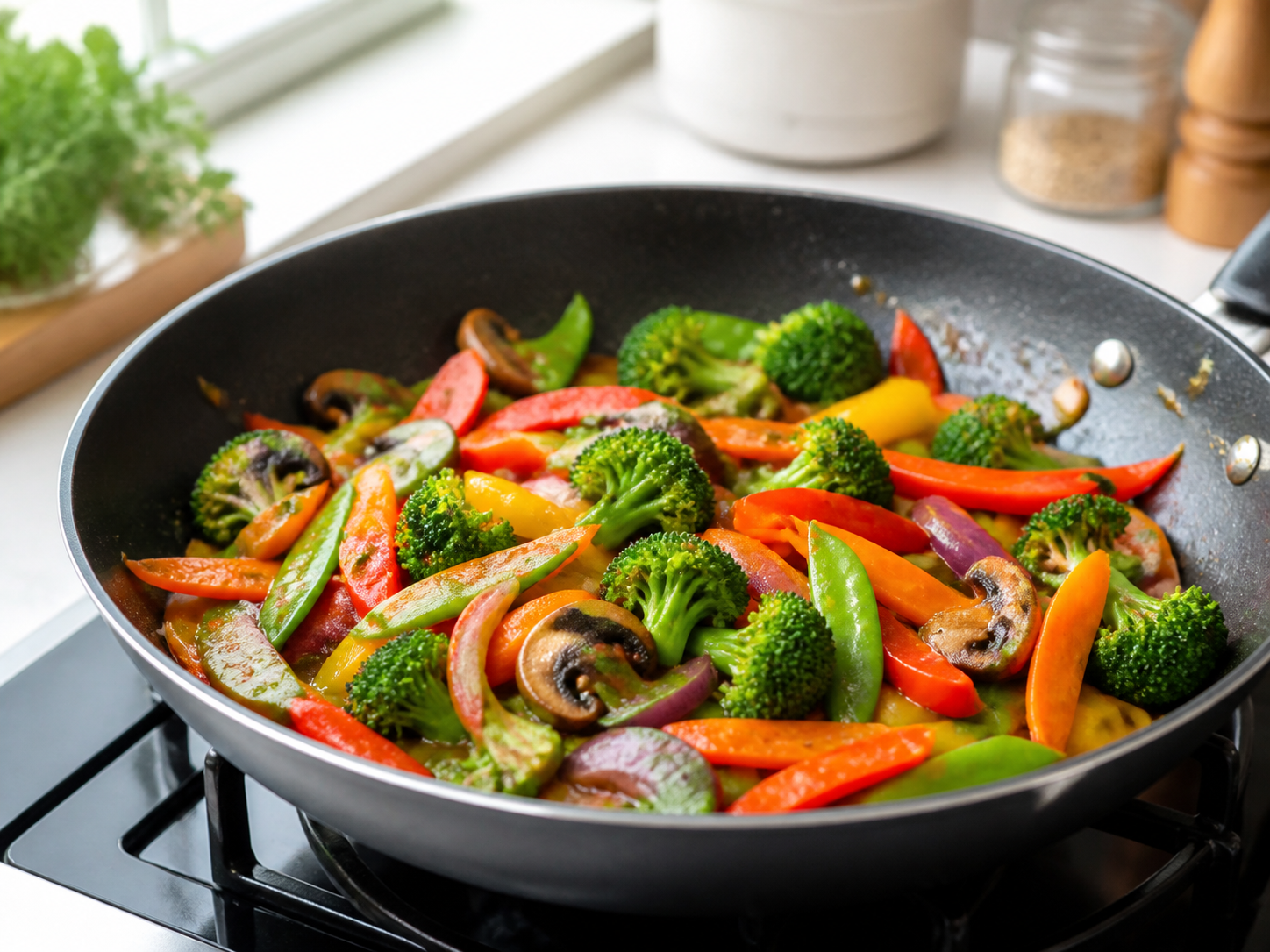 Colourful vegetable stir-fry cooking in a pan