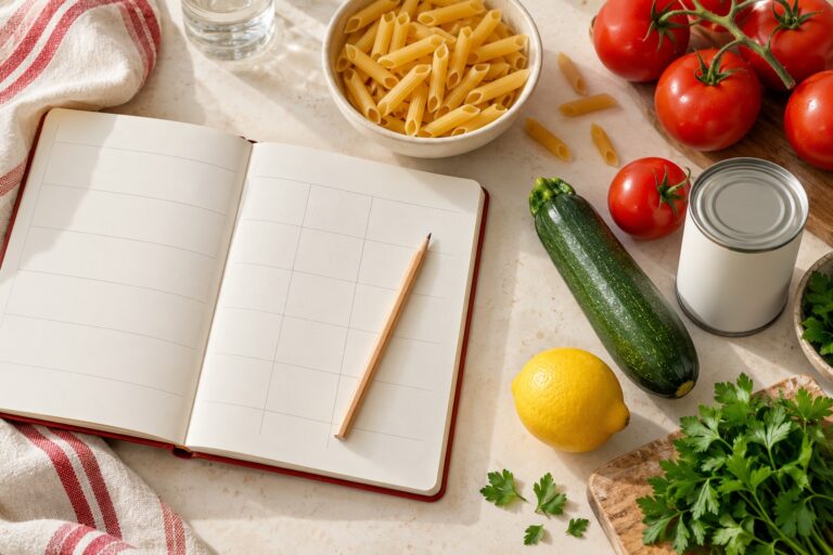A blank dinner-planning notebook beside pasta, tomatoes, courgette, lemon and herbs.