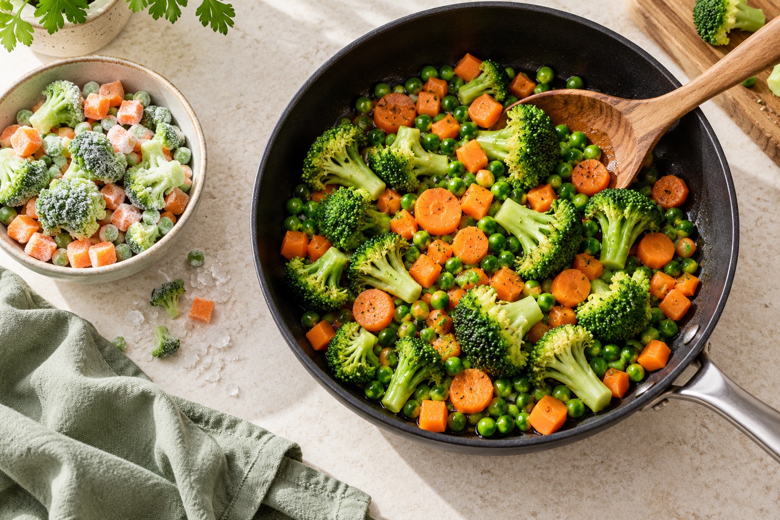 Broccoli, peas and carrots in a pan beside a bowl of frozen vegetables.
