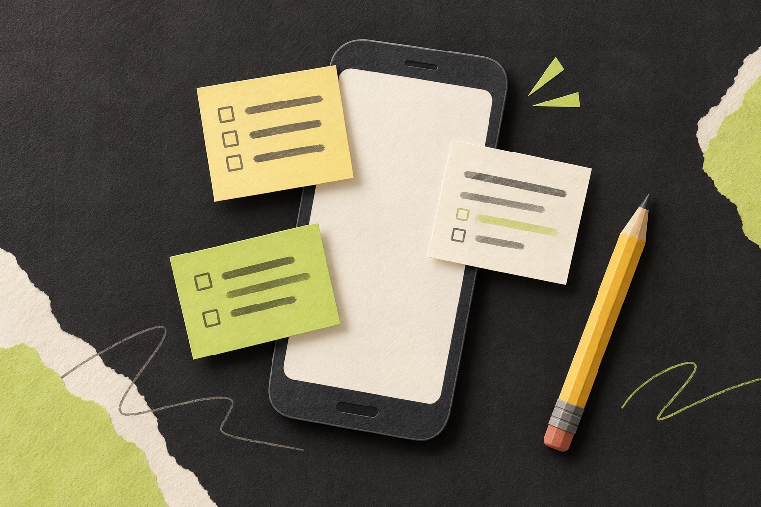 Paper collage illustration of a blank smartphone, yellow and lime note cards and a pencil on a charcoal background.