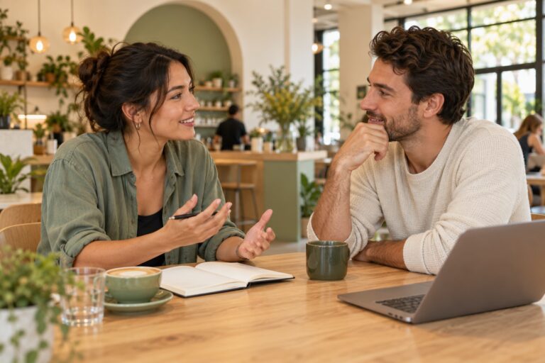 Two adults discussing a notebook across a cafe table.