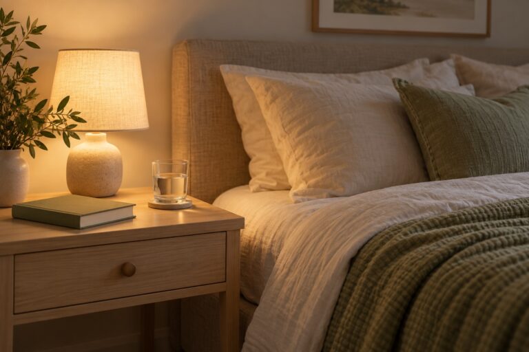 Warm bedside lamp, closed book and water beside a bed with neutral linen.