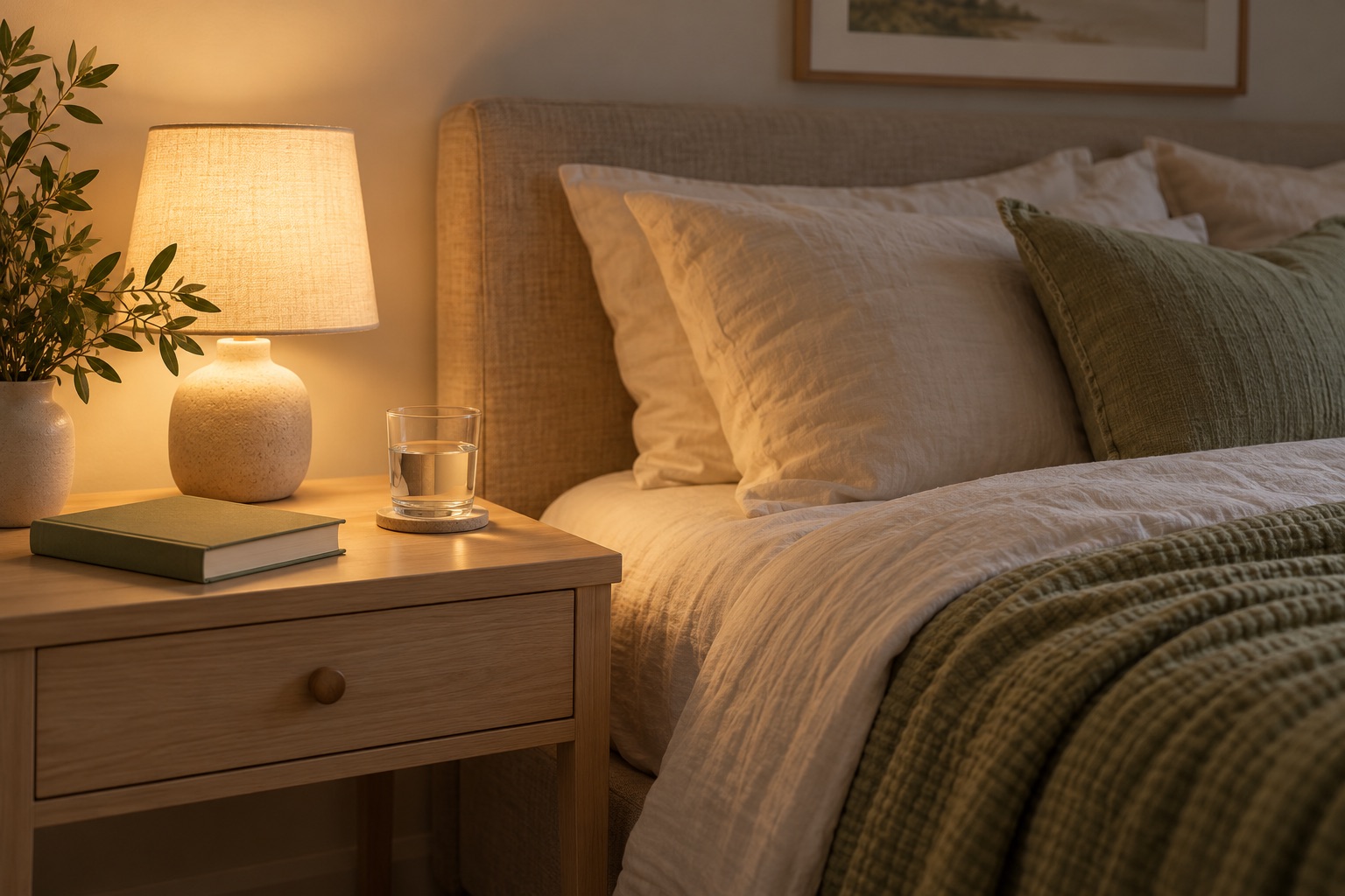 Warm bedside lamp, closed book and water beside a bed with neutral linen.