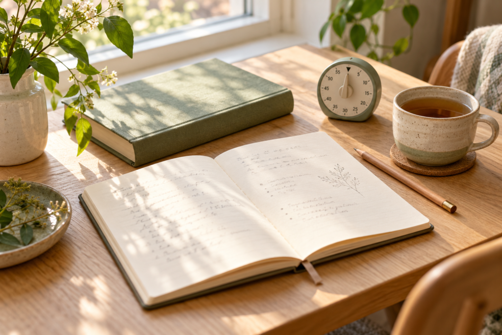 Open notebook, sage-green book, pencil, timer and tea on a sunlit table