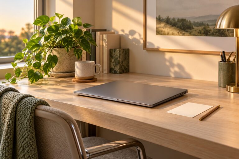 Closed laptop, blank notecard and pencil on a tidy desk in afternoon light.