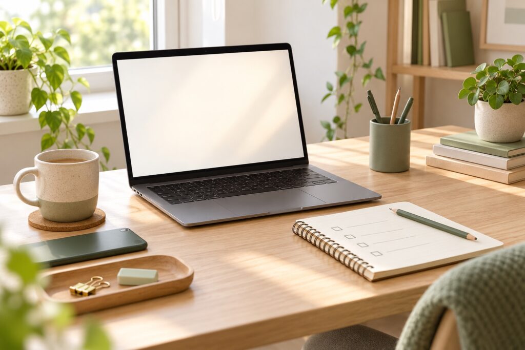 Illustrative workspace with a blank laptop screen and an unmarked checklist notebook.