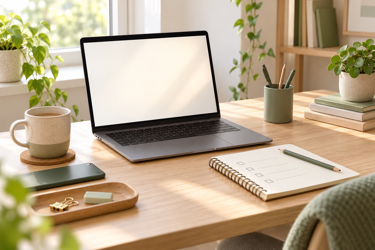 Illustrative workspace with a blank laptop screen and an unmarked checklist notebook.