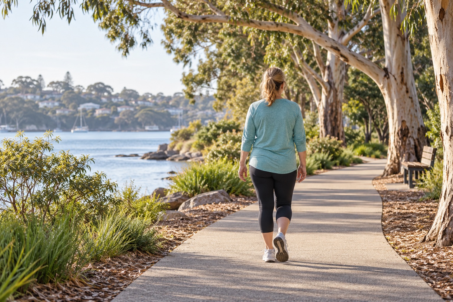 An adult in teal walking along a level paved park path beneath eucalyptus trees.
